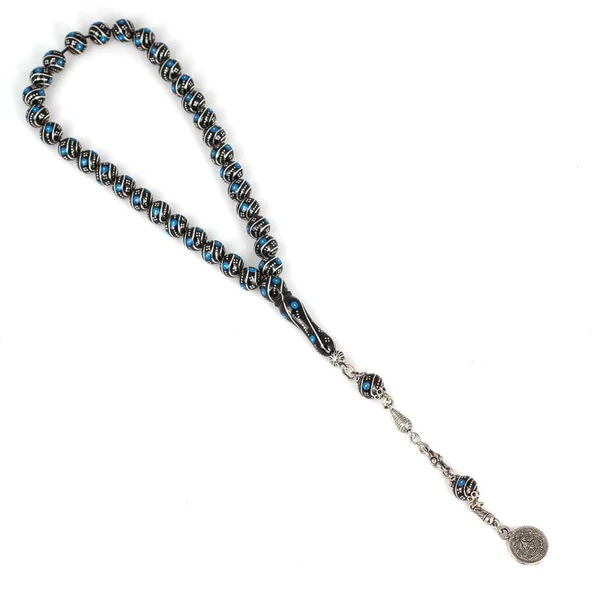 925 Ayar Gümüş İşlemeli Küre Oltu Taşı Tesbih - Resim 3