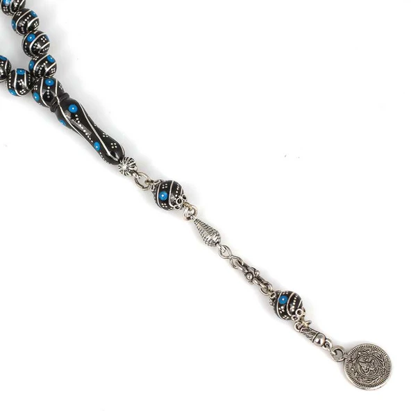 925 Ayar Gümüş İşlemeli Küre Oltu Taşı Tesbih - Resim 4