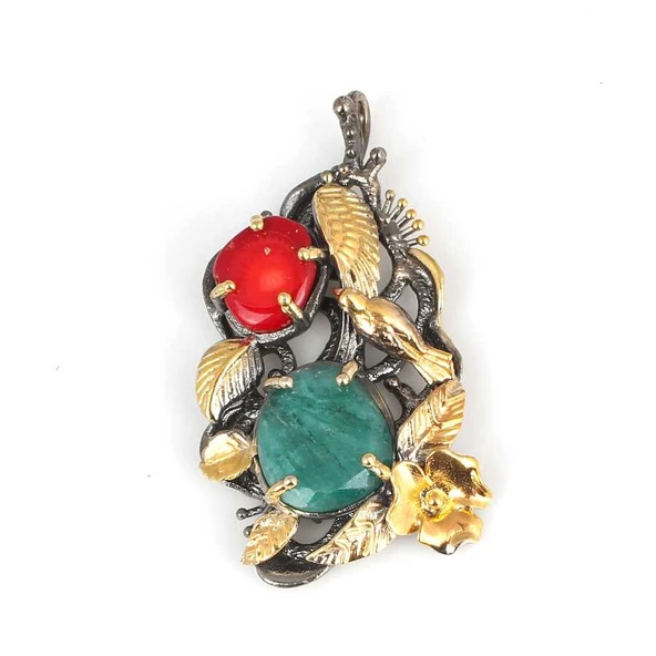 925 Ayar Gümüş Serçe Ve Çiçek Motifli Doğal taşlı El İşi Kolye Ucu ürün görseli