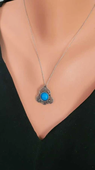 925 Ayar Gümüş Turkuaz Taşlı Telkâri Kolye Ucu ürün görseli