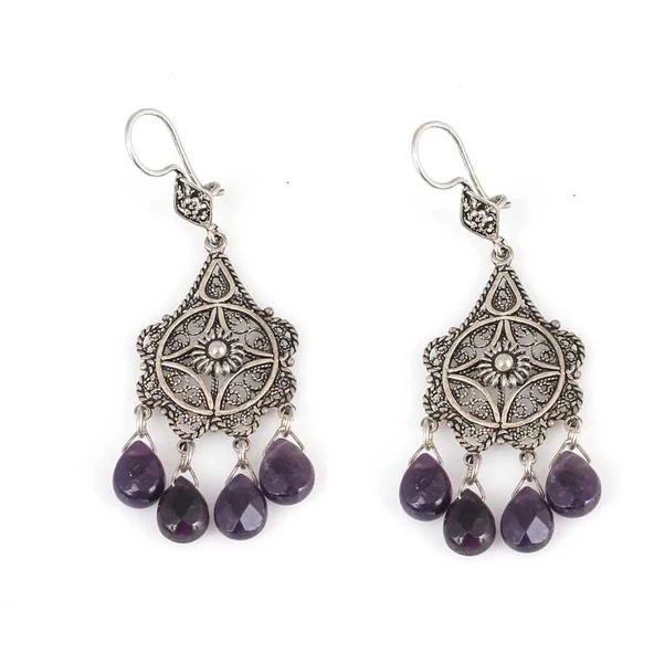 925 Ayar Gümüş Ametist Damla Taşlı Telkâri Küpe ürün görseli 1