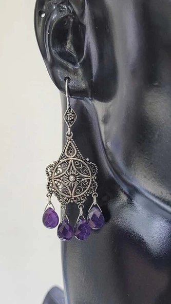 925 Ayar Gümüş Ametist Damla Taşlı Telkâri Küpe - Resim 2