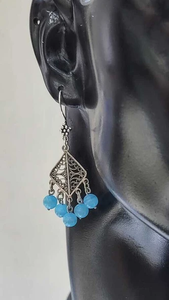 925 Ayar Gümüş Mavi Taşlı Telkâri Küpe - Resim 2