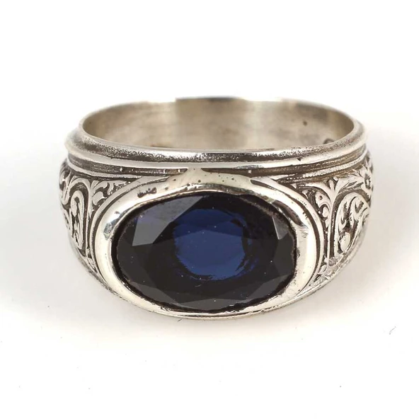 925 Ayar Gümüş Oval Sentetik Safir Taşlı Erkek Yüzük - Resim 4
