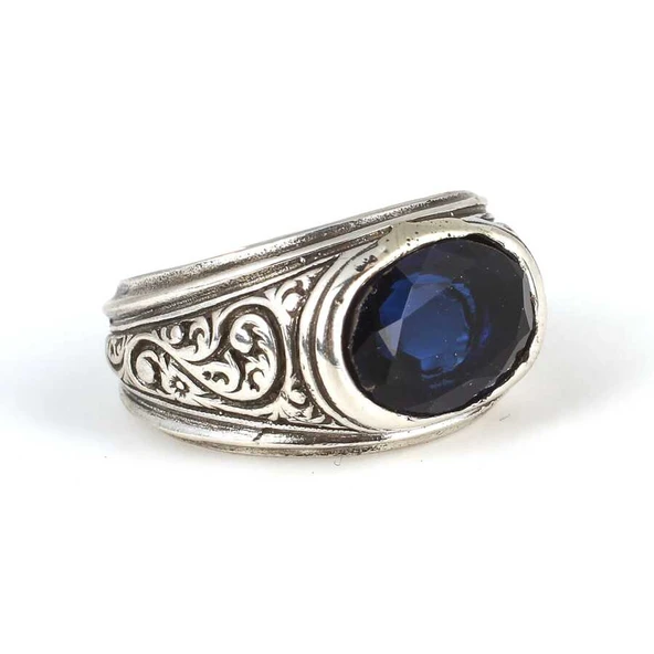 925 Ayar Gümüş Oval Sentetik Safir Taşlı Erkek Yüzük ürün görseli 1