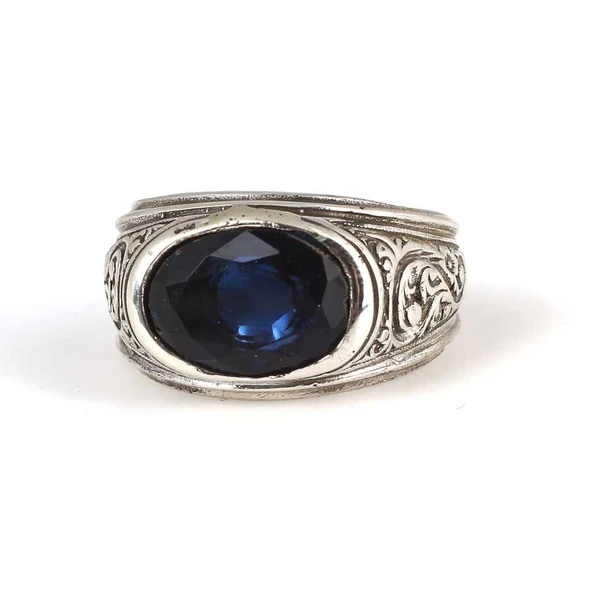 925 Ayar Gümüş Oval Sentetik Safir Taşlı Erkek Yüzük - Resim 3