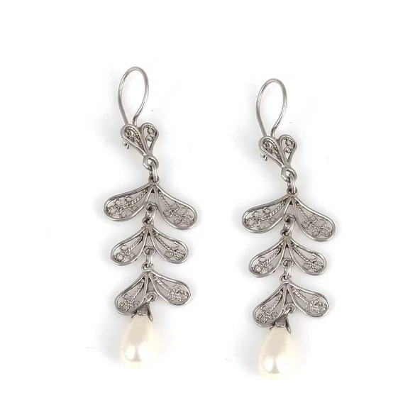 925 Ayar Gümüş Damla İncili Telkâri Yaprak Küpe - Resim 2