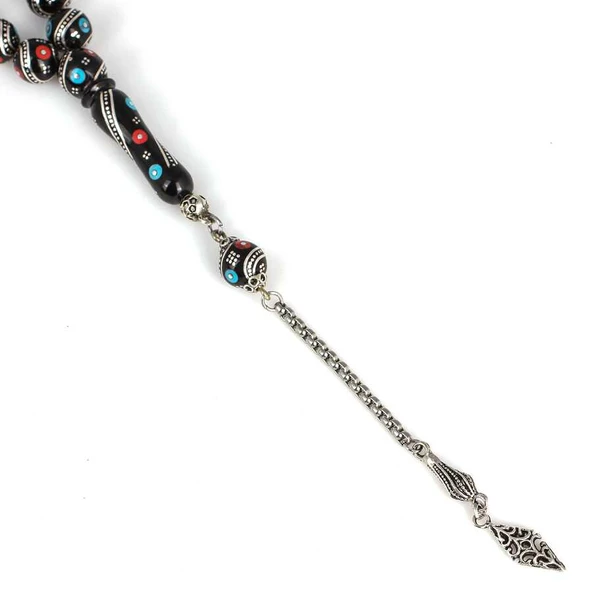 925 Ayar Gümüş İşlemeli Küre Oltu Taş Tesbih - Resim 3