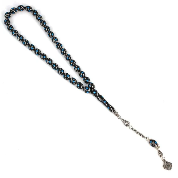 925 Ayar Gümüş Mavi Renk İşlemeli Arpa Kesim Oltu Taş Tesbih - Resim 2