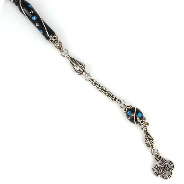 925 Ayar Gümüş Mavi Renk İşlemeli Arpa Kesim Oltu Taş Tesbih - Resim 3