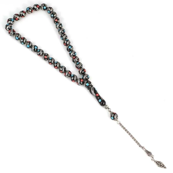 925 Ayar Gümüş İşlemeli Küre Oltu Taş Tesbih - Resim 2