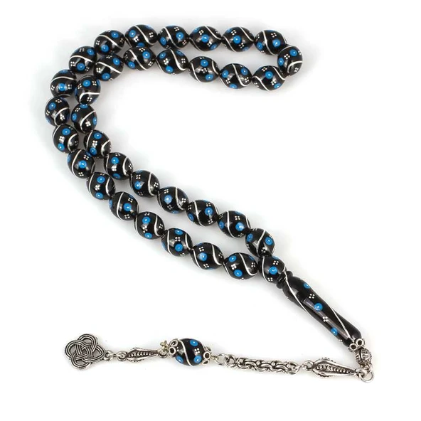 925 Ayar Gümüş Mavi Renk İşlemeli Arpa Kesim Oltu Taş Tesbih ürün görseli 1
