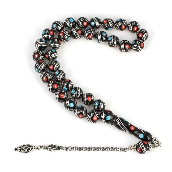 925 Ayar Gümüş İşlemeli Küre Oltu Taş Tesbih ürün görseli 1