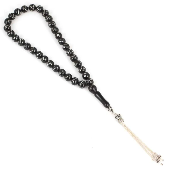 925 Ayar Gümüş Küre Kesim Oltu Taş Tesbih - Resim 2