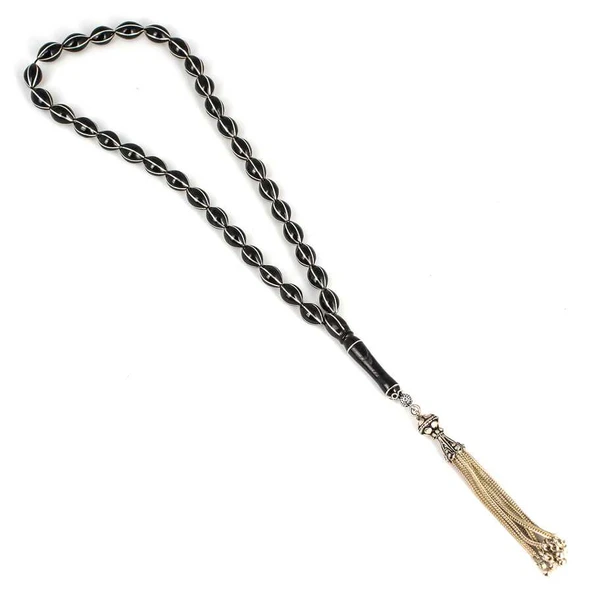 925 Ayar Gümüş Püsküllü Karpuz Dilim Arpa Kesim Oltu Taş Tesbih - Resim 2