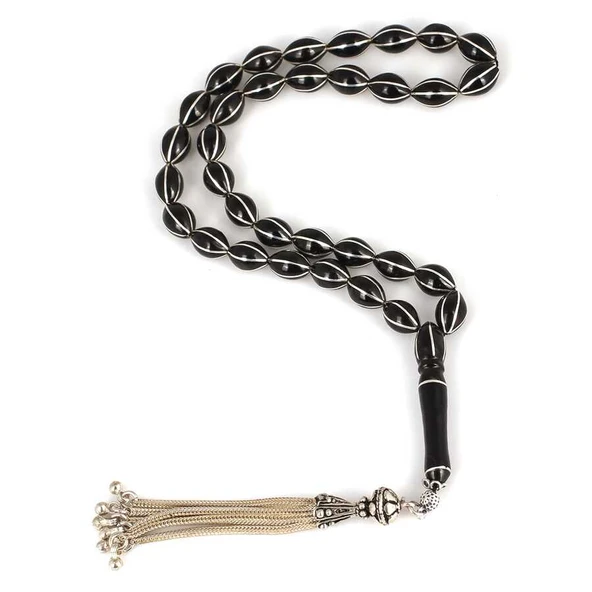 925 Ayar Gümüş Püsküllü Karpuz Dilim Arpa Kesim Oltu Taş Tesbih ürün görseli