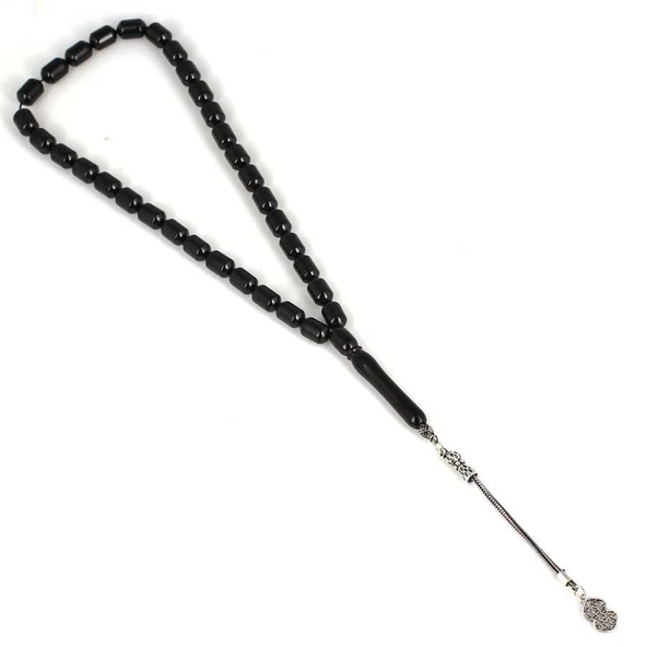 925 Ayar Gümüş Silindir Kesim Oltu Taş Tesbih - Resim 2