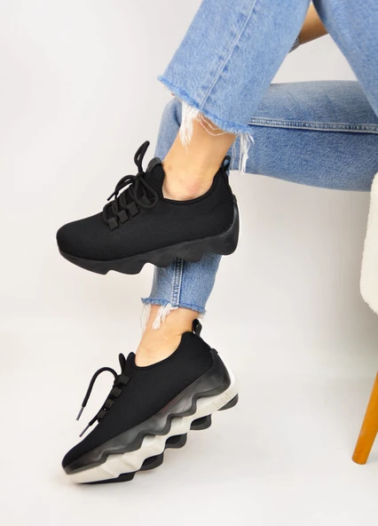 Nstil Günlük Kadın Sneaker Spor Ayakkabı Bağcıklı Triko Tırtıklı Kalın Taban Hava Alabilen 300 - 2