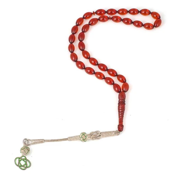 925 Ayar Gümüş Kazas Püsküllü Kırmızı Sıkma Kehribar Tesbih ürün görseli 1