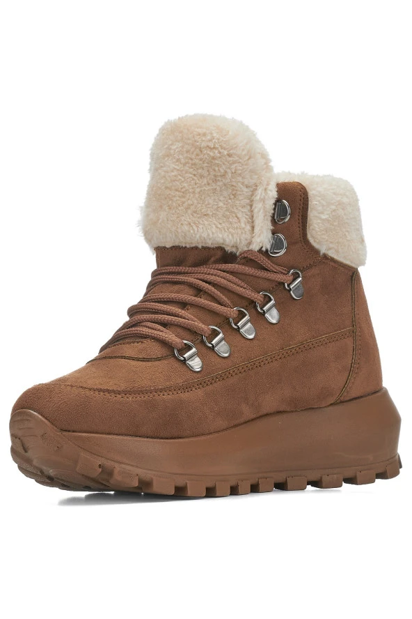 Nstil Günlük Kadın Bot Bağcıklı Kalın Yüksek Topuklu Kürk Astarlı Tırtıklı Taban Nubuk Bootie 1015C - 2