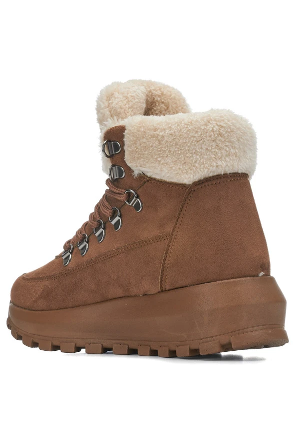 Nstil Günlük Kadın Bot Bağcıklı Kalın Yüksek Topuklu Kürk Astarlı Tırtıklı Taban Nubuk Bootie 1015C - 3