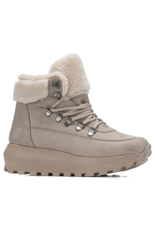 Nstil Günlük Kadın Bot Bağcıklı Kalın Yüksek Topuklu Kürk Astarlı Tırtıklı Taban Nubuk Bootie 1015C - 4