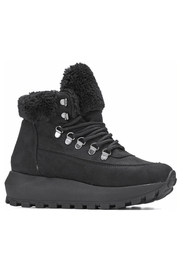 Nstil Günlük Kadın Bot Bağcıklı Kalın Yüksek Topuklu Kürk Astarlı Tırtıklı Taban Nubuk Bootie 1015C - 7