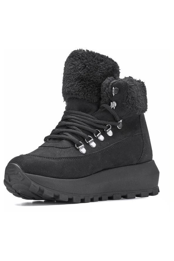 Nstil Günlük Kadın Bot Bağcıklı Kalın Yüksek Topuklu Kürk Astarlı Tırtıklı Taban Nubuk Bootie 1015C - 8