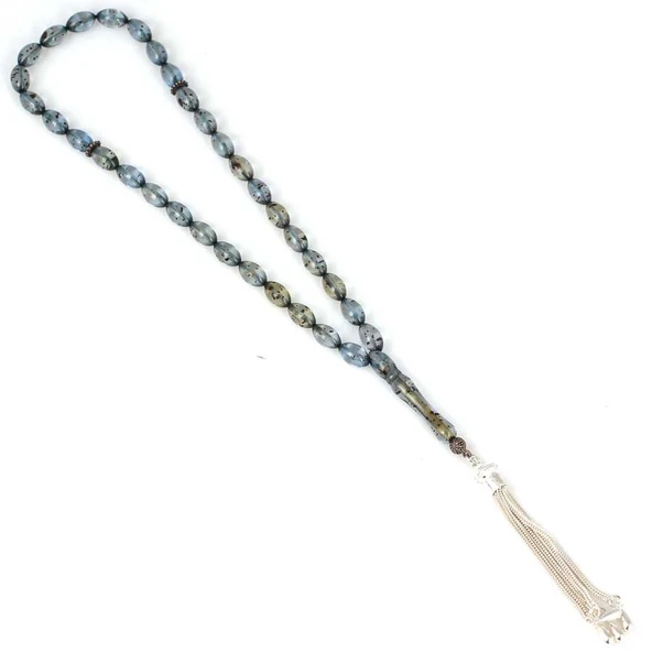 925 Ayar Gümüş Püsküllü Mavi Kehribar Taşlı Tesbih - Resim 2
