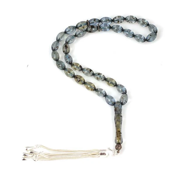 925 Ayar Gümüş Püsküllü Mavi Kehribar Taşlı Tesbih ürün görseli