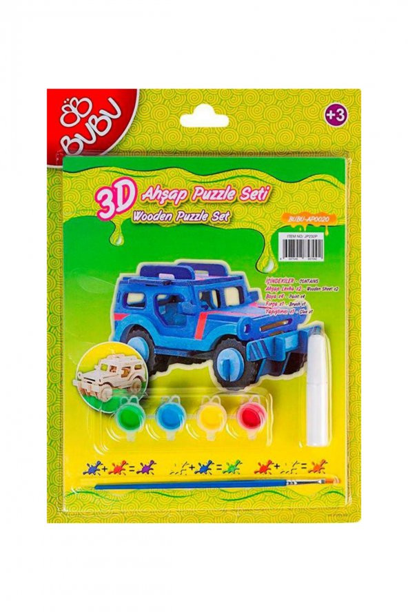 Bubu 3D Ahşap Maket Puzzle + Boyama Seti (Jeep) /