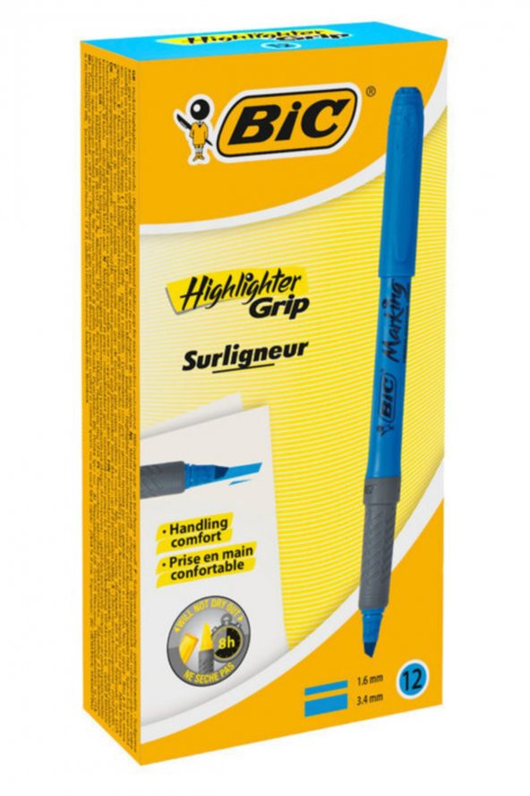 Bic Briteliner Grip Fosforlu Kalem Mavi, 12li Kutu