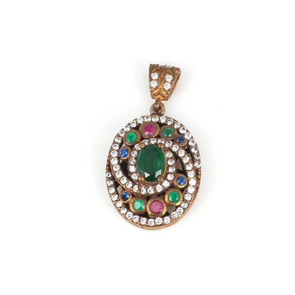 925 Ayar Gümüş Ve Bronz Karışımı Oval Zümrüt Safir Yakut Zirkon Taşlı Kolye Ucu ürün görseli 1
