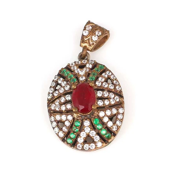 925 Ayar Gümüş Ve Bronz  Karışımı Oval Yakut Zümrüt Zirkon Taşlı Kolye Ucu ürün görseli