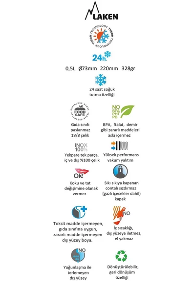 Laken Çelik 18/8 Jannu Termos Şişe 0,50L - Pembe LKTJ5P - Resim 2