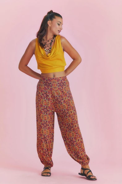 Kırmızı Desenli Beli Lastikli Salaş Şalvar Pantolon - 2