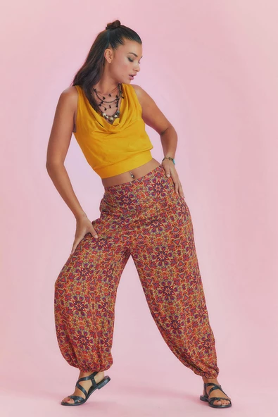 Kırmızı Desenli Beli Lastikli Salaş Şalvar Pantolon - 3