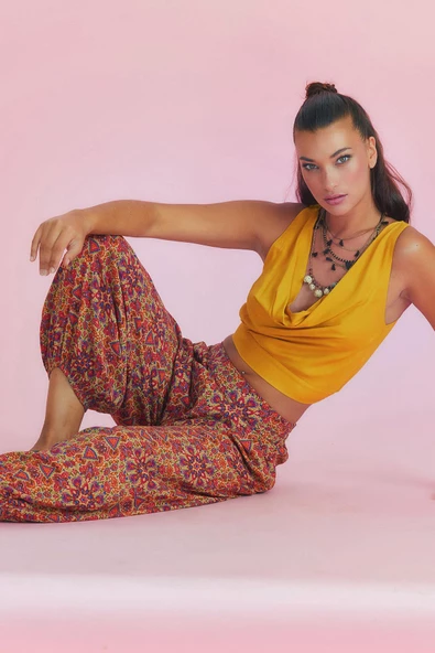 Kırmızı Desenli Beli Lastikli Salaş Şalvar Pantolon - 4