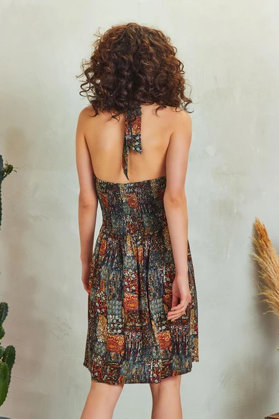 Anvelop Yaka Boyundan Bağlamalı Kısa Elbise - 5