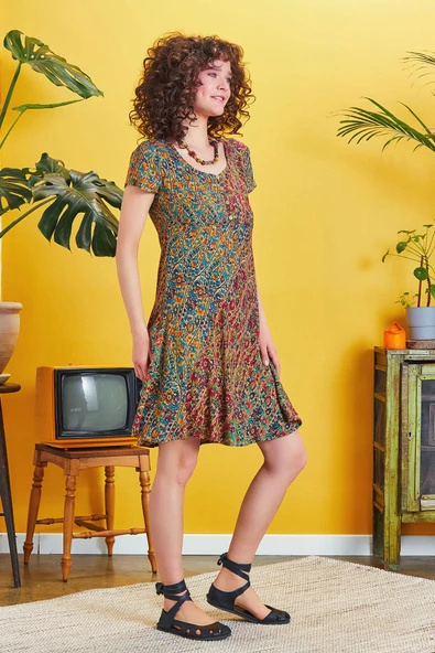 Önü Düğmeli Patchwork Kısa Kol Bohem Elbise - 2