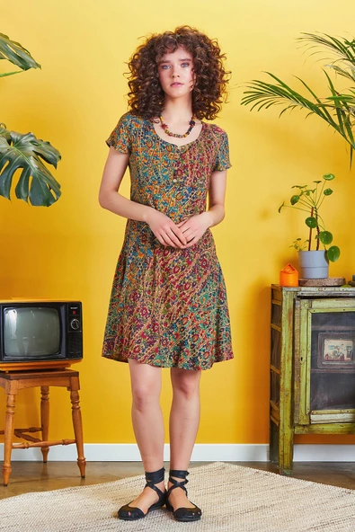 Önü Düğmeli Patchwork Kısa Kol Bohem Elbise - 3