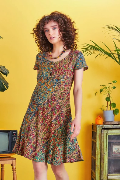 Önü Düğmeli Patchwork Kısa Kol Bohem Elbise