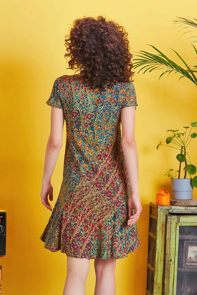 Önü Düğmeli Patchwork Kısa Kol Bohem Elbise - 5