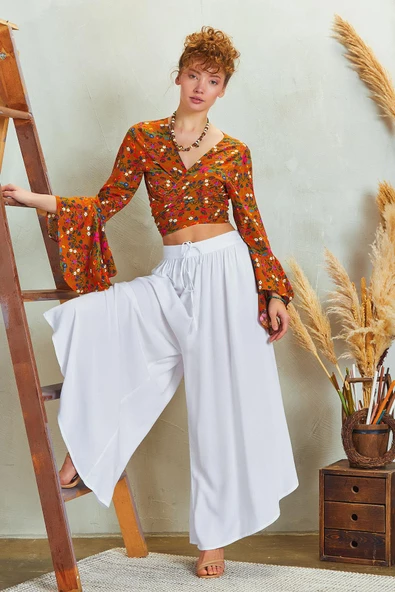 Paçası Detaylı Beli Lastikli Bol Paça Pantolon - 4