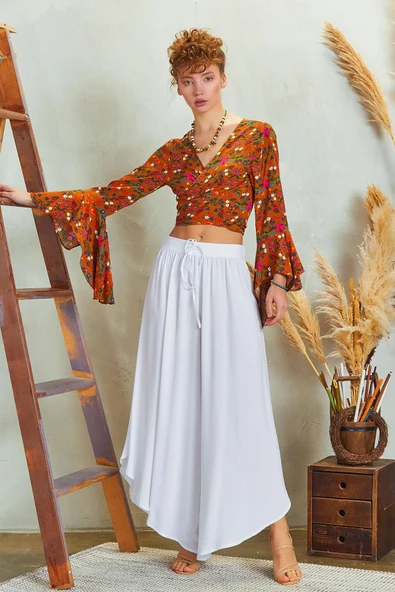 Paçası Detaylı Beli Lastikli Bol Paça Pantolon - 3