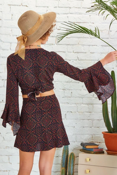 Bohem Stil Desenli Anvelop Mini Etek - Resim 5