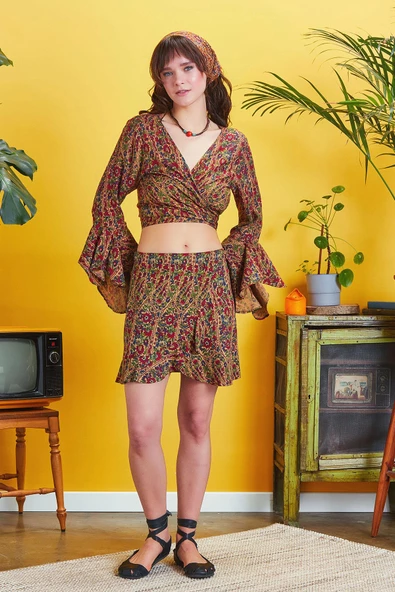 Bohem Stil Bordo Desenli Anvelop Mini Etek