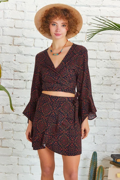 Bohem Stil Desenli Anvelop Mini Etek - Resim 2