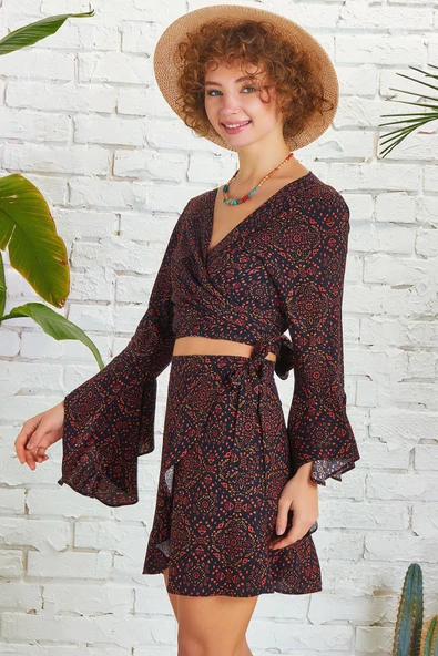 Bohem Stil Desenli Anvelop Mini Etek - Resim 3