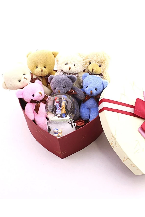 Sevgiliye Hediye 7 Mini Ayıcık Hediye Kutusu Sevgiliye Özel Kalp Kutu Içinde Kış Masalı Kar Küresi